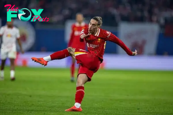 LEIPZIG, GERMANY - Wednesday, October 23, 2024: Liverpool's Kostas Tsimikas shoots wide during the UEFA Champions League Match Day 3 game between RB Leipzig and Liverpool FC at the Red Bull Arena. (Photo by David Rawcliffe/Propaganda)