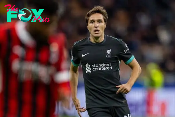 MILAN, ITALY - Tuesday, September 17, 2024: Liverpool's Federico Chiesa during the UEFA Champions League game between AC Milan and Liverpool FC at the Stadio San Siro. Liverpool won 3-1. (Photo by David Rawcliffe/Propaganda)