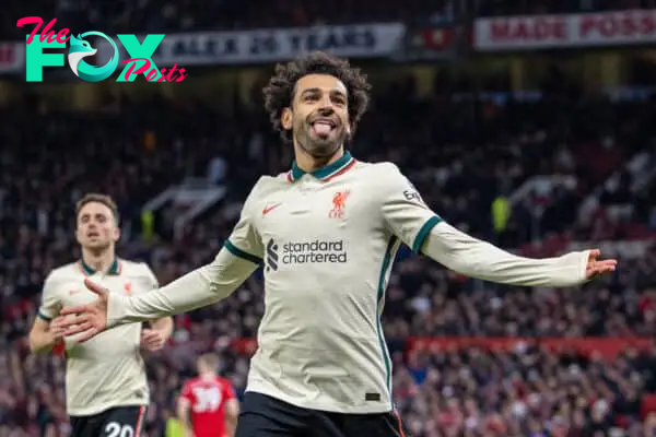 MANCHESTER, ENGLAND - Sunday, October 24, 2021: Liverpool's Mohamed Salah celebrates after scoring the fifth goal, completing his hat-trick, during the FA Premier League match between Manchester United FC and Liverpool FC at Old Trafford. Liverpool won 5-0. (Pic by David Rawcliffe/Propaganda)