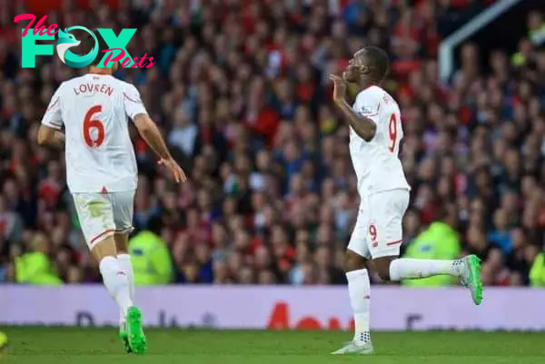 MANCHESTER, ENGLAND - Saturday, September 12, 2015: Liverpool's Christian Benteke celebrates scoring the first goal against Manchester United during the Premier League match at Old Trafford. (Pic by David Rawcliffe/Propaganda)