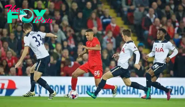 LIVERPOOL, ENGLAND - Tuesday, October 25, 2016: Liverpool's Trent Alexander-Arnold in action against Tottenham Hotspur during the Football League Cup 4th Round match at Anfield. (Pic by David Rawcliffe/Propaganda)