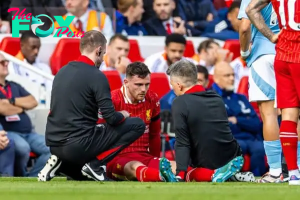 LIVERPOOL, ENGLAND - Saturday, September 14, 2024: Liverpool's Andy Robertson is treated for an injury during the FA Premier League match between Liverpool FC and Nottingham Forest FC at Anfield. Notts Forest won 1-0. (Photo by David Rawcliffe/Propaganda)