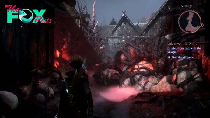 The blight-ridden town of Dmeta's Crossing in Dragon Age: The Veilguard.