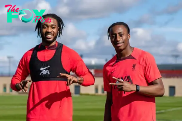 KIRKBY, ENGLAND - Saturday, April 1, 2023: Liverpool's James Balagizi (L) and Isaac Mabaya train before the Under-18 Premier League match between Liverpool FC Under-18's and Wolverhampton Wanderers FC Under-18's at the Liverpool Academy. (Pic by Jessica Hornby/Propaganda)