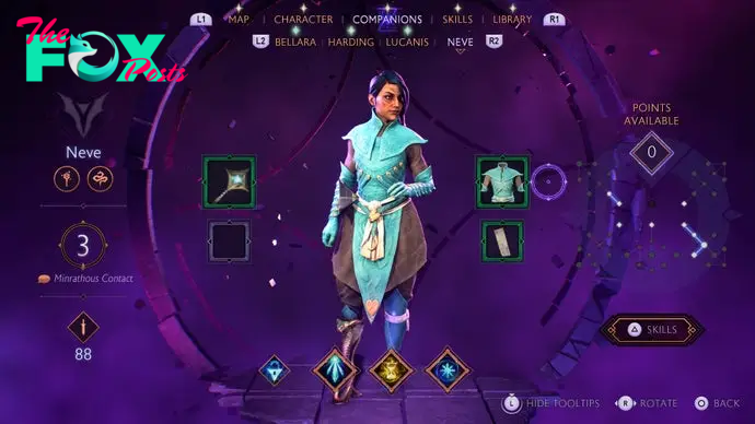 A companion equipment screen in Dragon Age: The Veilguard, this time for Neve, a human mage.