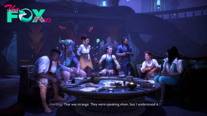 The companions in Dragon Age: The Veilguard gather around a small wooden table, talking.