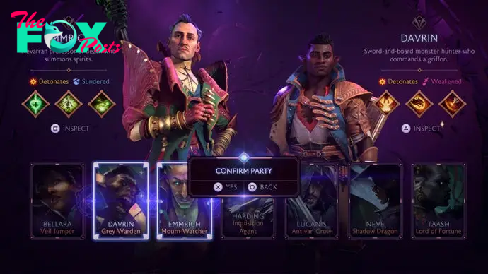 The character select screen in Dragon Age: The Veilguard, here showing the necromancer Emmrich and the Grey Warden Davrin.