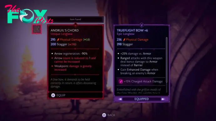 Item description boxes in Dragon Age: The Veilguard. These are for bows, and one of them is a unique item, meaning it's very powerful. It limits you to one shot, pretty much, but that one shot - if aimed right - does massive damage.