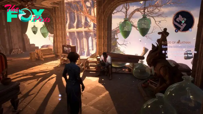 Bertie's Rook character meets the companion Davrin in Dragon Age: The Veilguard. The room Davrin is sitting in is open to the air on one side, sunlight slanting in through it.