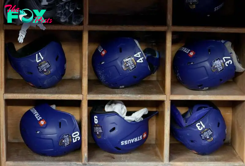 NEW YORK, NEW YORK - OCTOBER 27: A view of the batting helmets of the Los Angeles Dodgers are seen during the World Series Workout Day at Yankee Stadium on October 27, 2024 in the Bronx borough of New York City.   Elsa/Getty Images/AFP (Photo by ELSA / GETTY IMAGES NORTH AMERICA / Getty Images via AFP)