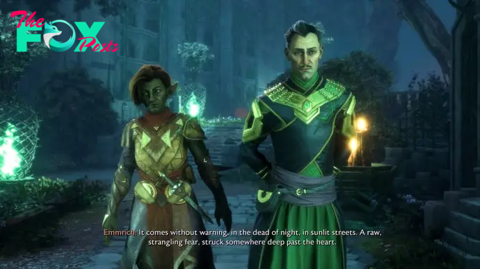 An armoured elven character walks with a slightly taller, robed masculine human character inside the eerie green glow of a necropolis.