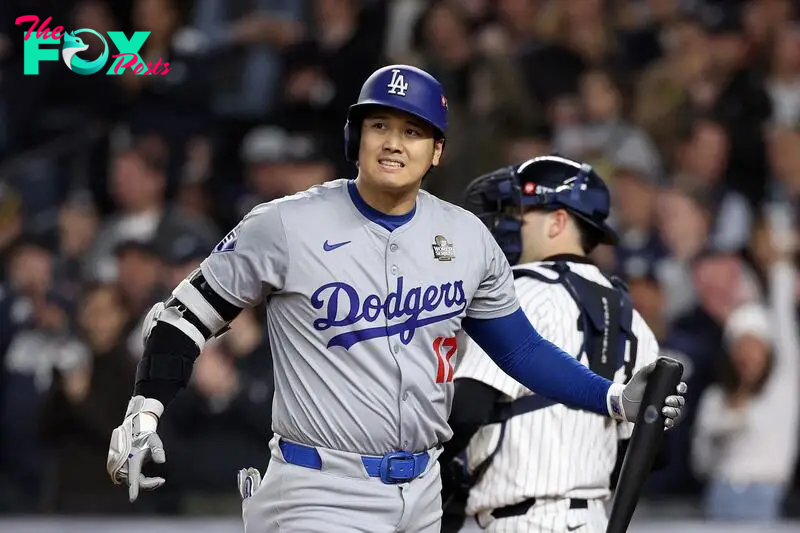 The Japanese superstar is dealing with a left shoulder injury he suffered in Game 2 of the Fall Classic at Dodger Stadium.