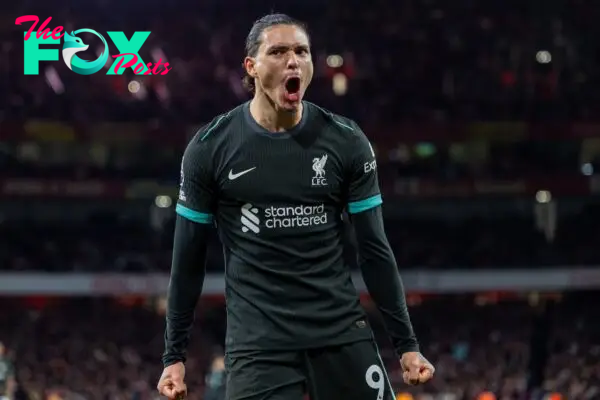 LONDON, ENGLAND - Sunday, October 27, 2024: Liverpool's Darwin Núñez celebrates after scoring the second equalising goal during the FA Premier League match between Arsenal FC and Liverpool FC at the Emirates Stadium. (Photo by David Rawcliffe/Propaganda)