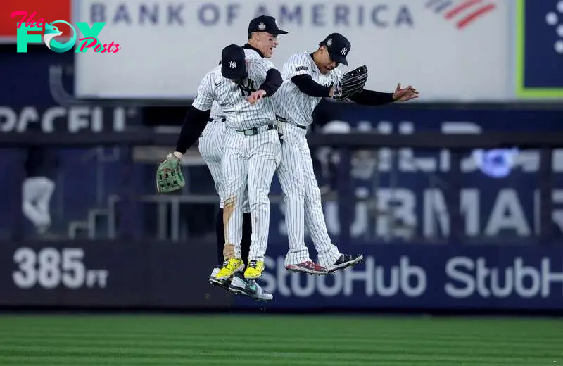 Alex Verdugo, Aaron Judge and Juan Soto celebrate after winning Game 4 of the MLB World Series.