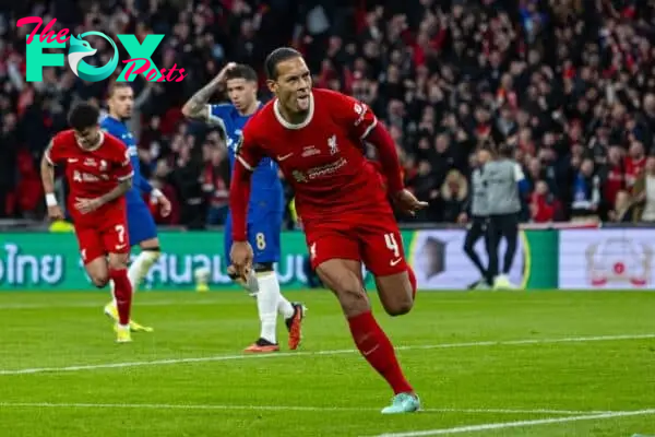 LONDON, ENGLAND - Sunday, February 25, 2024: Liverpool's captain Virgil van Dijk celebrates after scoring the first goal, but it was disallowed after a VAR review, during the Football League Cup Final match between Chelsea FC and Liverpool FC at Wembley Stadium. (Photo by David Rawcliffe/Propaganda)