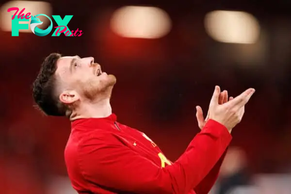 LIVERPOOL, ENGLAND - Wednesday, September 25, 2024: Liverpool's Andrew Robertson of Liverpool warms up prior to the Football League Cup 3rd Round match between Liverpool FC and West Ham United FC at Anfield. (Photo by Ryan Brown/Propaganda)