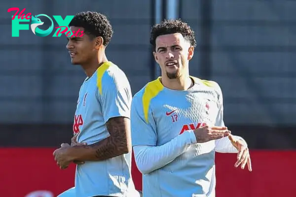 LIVERPOOL, ENGLAND - Monday, October 21, 2024: Liverpool's Curtis Jones (R) and Jarell Quansah during a training session at the AXA Training Centre ahead of the UEFA Champions League match between RB Leipzig and Liverpool FC. (Photo by David Rawcliffe/Propaganda)