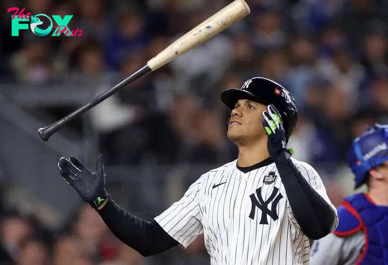 NEW YORK, NEW YORK - OCTOBER 29: Juan Soto #22 of the New York Yankees reacts after striking out during the third inning of Game Four of the 2024 World Series against the Los Angeles Dodgers at Yankee Stadium on October 29, 2024 in the Bronx borough of New York City.   Sarah Stier/Getty Images/AFP (Photo by Sarah Stier / GETTY IMAGES NORTH AMERICA / Getty Images via AFP)