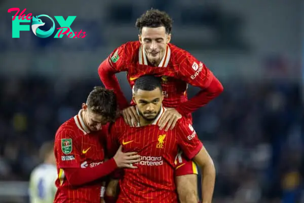 BRIGHTON & HOVE, ENGLAND - Wednesday, October 30, 2024: Liverpool's Cody Gakpo celebrates after scoring the opening goal during the Football League Cup 4th Round match between Brighton & Hove Albion FC and Liverpool FC at the AMEX Community Stadium. (Photo by David Rawcliffe/Propaganda)