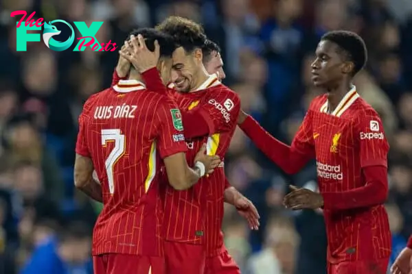 BRIGHTON & HOVE, ENGLAND - Wednesday, October 30, 2024: Liverpool's Luis Díaz (L) celebrates with team-mates Curtis Jones (C) and Trey Nyoni (R) after scoring the third goal during the Football League Cup 4th Round match between Brighton & Hove Albion FC and Liverpool FC at the AMEX Community Stadium. (Photo by David Rawcliffe/Propaganda)