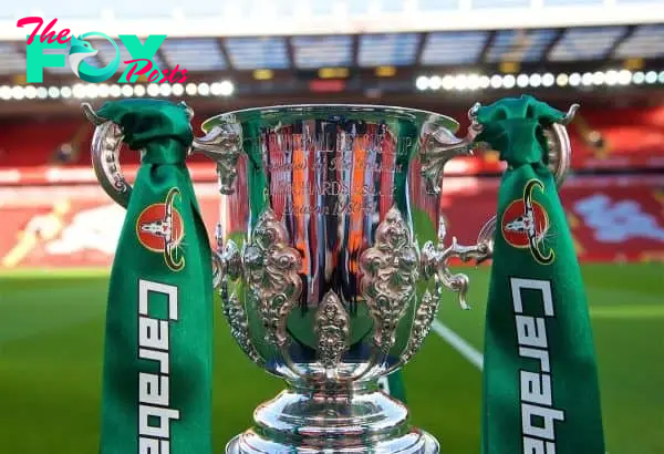 LIVERPOOL, ENGLAND - Wednesday, September 26, 2018: The Football League Cup trophy, with Carabao branding, on display before the Football League Cup 3rd Round match between Liverpool FC and Chelsea FC at Anfield. (Pic by David Rawcliffe/Propaganda)