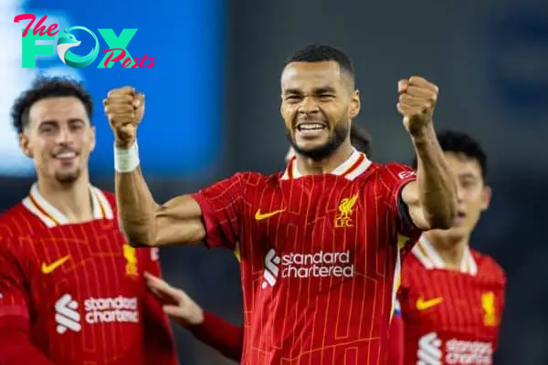 BRIGHTON & HOVE, ENGLAND - Wednesday, October 30, 2024: Liverpool's Cody Gakpo celebrates after scoring the opening goal during the Football League Cup 4th Round match between Brighton & Hove Albion FC and Liverpool FC at the AMEX Community Stadium. (Photo by David Rawcliffe/Propaganda)