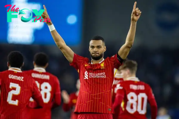 BRIGHTON & HOVE, ENGLAND - Wednesday, October 30, 2024: Liverpool's Cody Gakpo celebrates after scoring the opening goal during the Football League Cup 4th Round match between Brighton & Hove Albion FC and Liverpool FC at the AMEX Community Stadium. (Photo by David Rawcliffe/Propaganda)