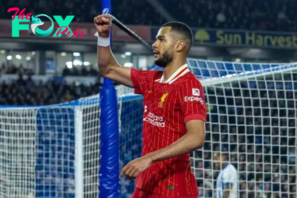 BRIGHTON & HOVE, ENGLAND - Wednesday, October 30, 2024: Liverpool's Cody Gakpo celebrates after scoring the second goal during the Football League Cup 4th Round match between Brighton & Hove Albion FC and Liverpool FC at the AMEX Community Stadium. (Photo by David Rawcliffe/Propaganda)