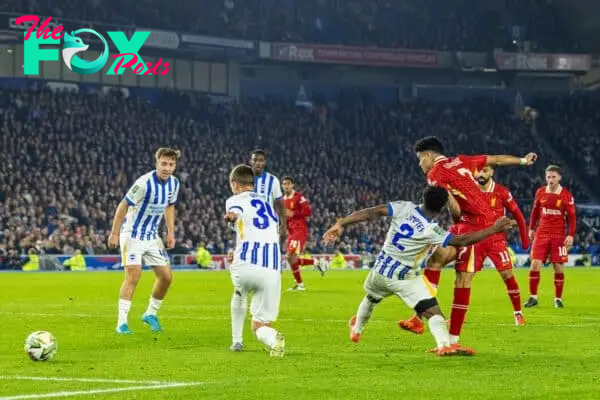 BRIGHTON & HOVE, ENGLAND - Wednesday, October 30, 2024: Liverpool's Luis Díaz scores the third goal during the Football League Cup 4th Round match between Brighton & Hove Albion FC and Liverpool FC at the AMEX Community Stadium. (Photo by David Rawcliffe/Propaganda)