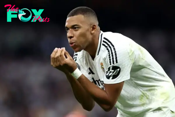 MADRID, SPAIN - SEPTEMBER 17: Kylian Mbappe of Real Madrid celebrates scoring his team's first goal during the UEFA Champions League 2024/25 League Phase MD1 match between Real Madrid CF and VfB Stuttgart at Estadio Santiago Bernabeu on September 17, 2024 in Madrid, Spain. (Photo by Gonzalo Arroyo - UEFA/UEFA via Getty Images)