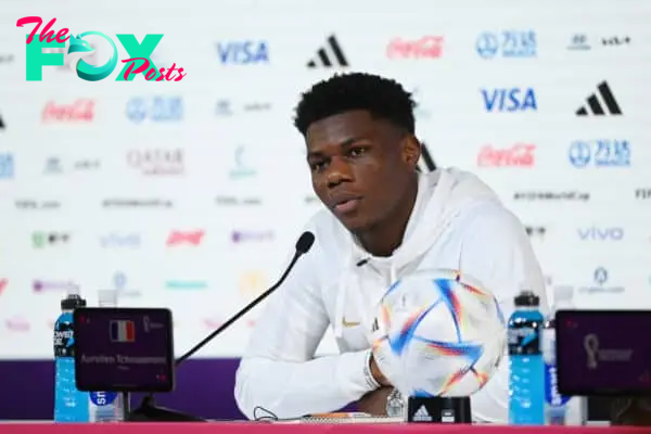 DOHA, QATAR - NOVEMBER 29: Aurelien Tchouameni of France speaks during the France Press Conference at the main Media Center on November 29, 2022 in Doha, Qatar. (Photo by Michael Regan - FIFA)