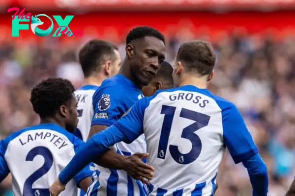 LIVERPOOL, ENGLAND - Sunday, March 31, 2024: Brighton & Hove Albion's Danny Welbeck celebrates after scoring the first goal during the FA Premier League match between Liverpool FC and Brighton & Hove Albion FC at Anfield. (Photo by David Rawcliffe/Propaganda)