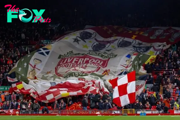 LIVERPOOL, ENGLAND - Wednesday, September 25, 2024: Liverpool supporters on the Spion Kop before the Football League Cup 3rd Round match between Liverpool FC and West Ham United FC at Anfield. Liverpool won 5-1. General. Flag. Banner. (Photo by Ryan Brown/Propaganda)