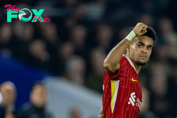 BRIGHTON & HOVE, ENGLAND - Wednesday, October 30, 2024: Liverpool's Luis Díaz celebrates after scoring the third goal during the Football League Cup 4th Round match between Brighton & Hove Albion FC and Liverpool FC at the AMEX Community Stadium. (Photo by David Rawcliffe/Propaganda)