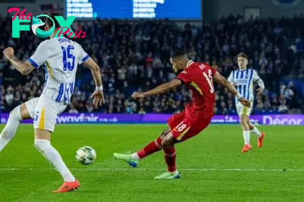 BRIGHTON & HOVE, ENGLAND - Wednesday, October 30, 2024: Liverpool's Cody Gakpo scores the opening goal during the Football League Cup 4th Round match between Brighton & Hove Albion FC and Liverpool FC at the AMEX Community Stadium. (Photo by David Rawcliffe/Propaganda)