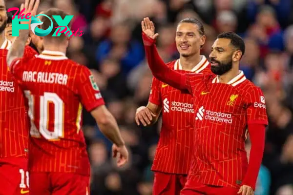 LIVERPOOL, ENGLAND - Wednesday, September 25, 2024: Liverpool's Mohamed Salah celebrates after scoring his side's third goal during the Football League Cup 3rd Round match between Liverpool FC and West Ham United FC at Anfield. (Photo by Ryan Brown/Propaganda)