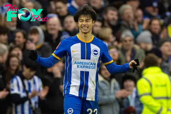 BRIGHTON & HOVE, ENGLAND - Sunday, January 29, 2023: Brighton & Hove Albion's Kaoru Mitoma celebrates after scoring the winning second goal during the FA Cup 4th Round match between Brighton & Hove Albion FC and Liverpool FC at the Falmer Stadium. Brighton won 2-1. (Pic by David Rawcliffe/Propaganda)