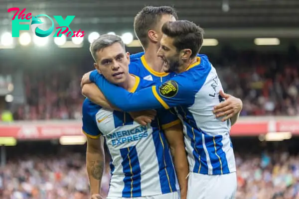 LIVERPOOL, ENGLAND - Saturday, October 1, 2022: Brighton & Hove Albion's Leandro Trossard celebrates after scoring the third goal, to level the score at 3-3 and complete his hat-trick, during the FA Premier League match between Liverpool FC and Brighton & Hove Albion FC at Anfield. (Pic by David Rawcliffe/Propaganda)