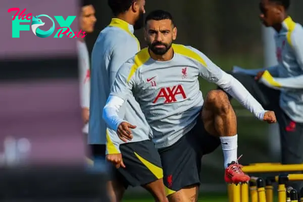 LIVERPOOL, ENGLAND - Monday, October 21, 2024: Liverpool's Mohamed Salah during a training session at the AXA Training Centre ahead of the UEFA Champions League match between RB Leipzig and Liverpool FC. (Photo by David Rawcliffe/Propaganda)