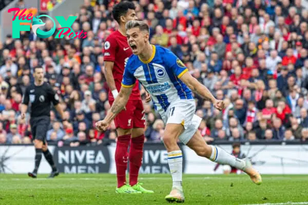 LIVERPOOL, ENGLAND - Saturday, October 1, 2022: Brighton & Hove Albion's Leandro Trossard celebrates after scoring the third goal, to level the score at 3-3 and complete his hat-trick, during the FA Premier League match between Liverpool FC and Brighton & Hove Albion FC at Anfield. (Pic by David Rawcliffe/Propaganda)