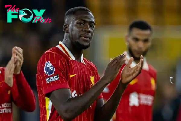 WOLVERHAMPTON, ENGLAND - Saturday, September 28, 2024: Liverpool's Ibrahima Konaté applauds the supporters after the FA Premier League match between Wolverhampton Wanderers FC and Liverpool FC at Molineux Stadium. (Photo by David Rawcliffe/Propaganda)