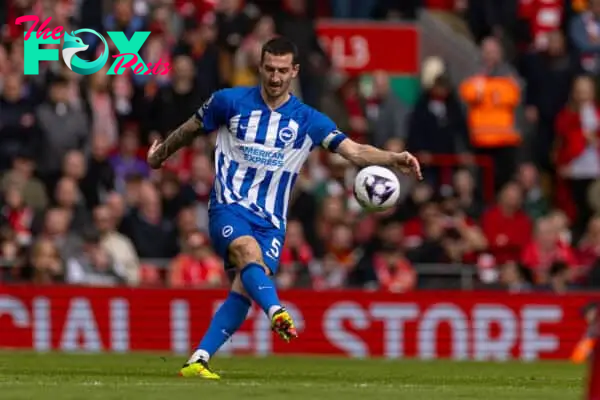 LIVERPOOL, ENGLAND - Sunday, March 31, 2024: Brighton & Hove Albion's captain Lewis Dunk during the FA Premier League match between Liverpool FC and Brighton & Hove Albion FC at Anfield. Liverpool won 2-1. (Photo by David Rawcliffe/Propaganda)