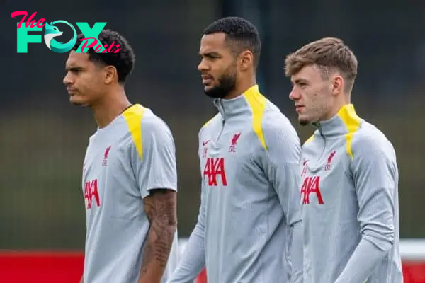 LIVERPOOL, ENGLAND - Monday, September 16, 2024: Liverpool's (L-R) Jarell Quansah, Cody Gakpo and Conor Bradley during a training session at the AXA Training Centre ahead of the UEFA Champions League match between AC Milan and Liverpool FC. (Photo by Jon Super/Propaganda)