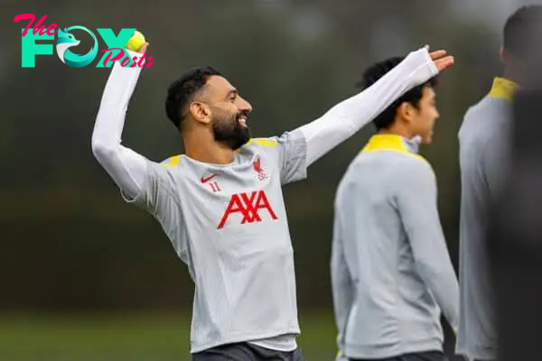 LIVERPOOL, ENGLAND - Tuesday, October 1, 2024: Liverpool's Mohamed Salah throws a tennis ball during a training session at the AXA Training Centre ahead of the UEFA Champions League match between Liverpool FC and Bologna FC. (Photo by David Rawcliffe/Propaganda)