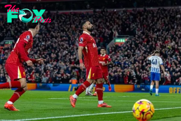 LIVERPOOL, ENGLAND - Saturday, November 2, 2024: Liverpool's Mohamed Salah celebrates after scoring the second goal during the FA Premier League match between Liverpool FC and Brighton & Hove Albion FC at Anfield. (Photo by David Rawcliffe/Propaganda)