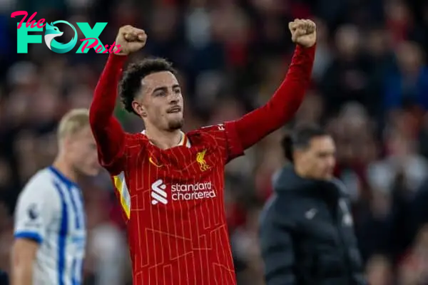 LIVERPOOL, ENGLAND - Saturday, November 2, 2024: Liverpool's Curtis Jones celebrates after the FA Premier League match between Liverpool FC and Brighton & Hove Albion FC at Anfield. (Photo by David Rawcliffe/Propaganda)