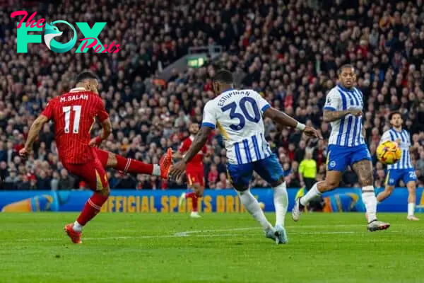 LIVERPOOL, ENGLAND - Saturday, November 2, 2024: Liverpool's Mohamed Salah scores the second goal during the FA Premier League match between Liverpool FC and Brighton & Hove Albion FC at Anfield. (Photo by David Rawcliffe/Propaganda)