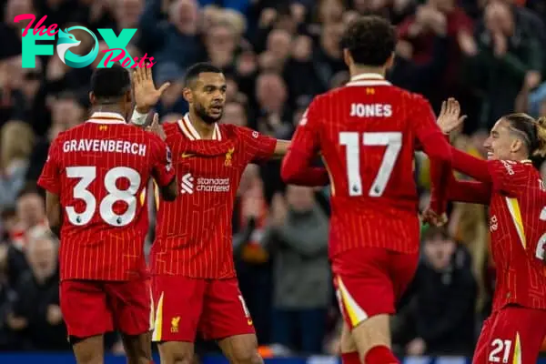 LIVERPOOL, ENGLAND - Saturday, November 2, 2024: Liverpool's Cody Gakpo celebrates after scoring the first equalising goal during the FA Premier League match between Liverpool FC and Brighton & Hove Albion FC at Anfield. (Photo by David Rawcliffe/Propaganda)