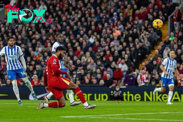 LIVERPOOL, ENGLAND - Saturday, November 2, 2024: Liverpool's Joe Gomez sees his header go wide during the FA Premier League match between Liverpool FC and Brighton & Hove Albion FC at Anfield. (Photo by David Rawcliffe/Propaganda)