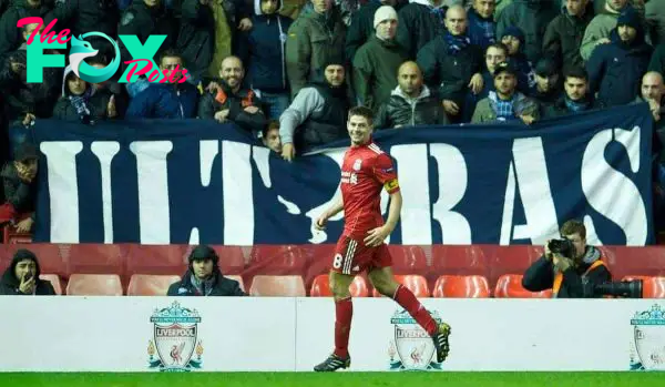 LIVERPOOL, ENGLAND - Thursday, November 4, 2010: Liverpool's captain Steven Gerrard MBE celebrates scoring his, and his side's third goal against SSC Napoli during the UEFA Europa League Group K Matchday 4 match at Anfield. (Photo by David Rawcliffe/Propaganda)